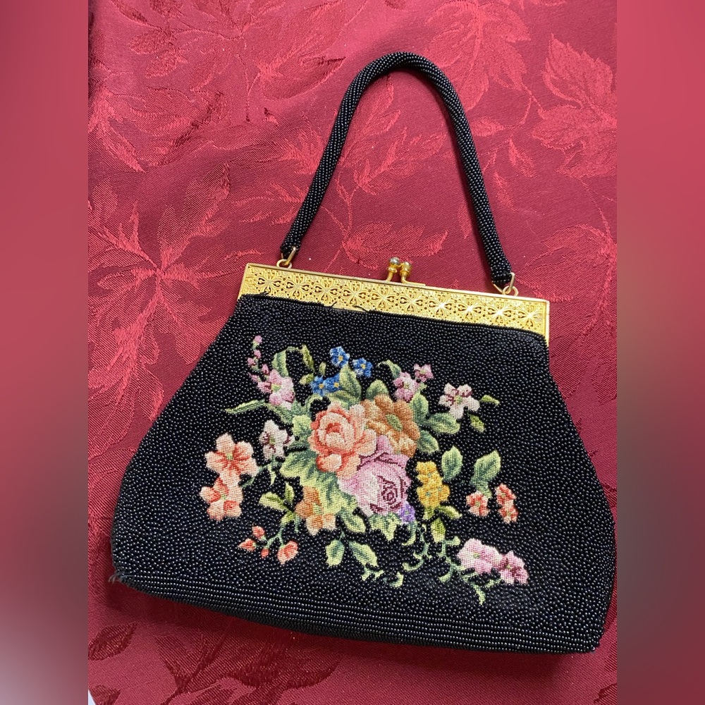 Vintage Hand Beaded and Tapestry Bag. Clean Inside & Out. Gold Tone Hardware.